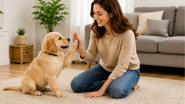 Happy puppy learning daily routines and better behavior at home
