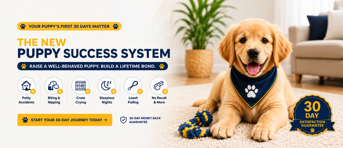 New puppy owner training their dog at home with PupTeachings step-by-step puppy training course